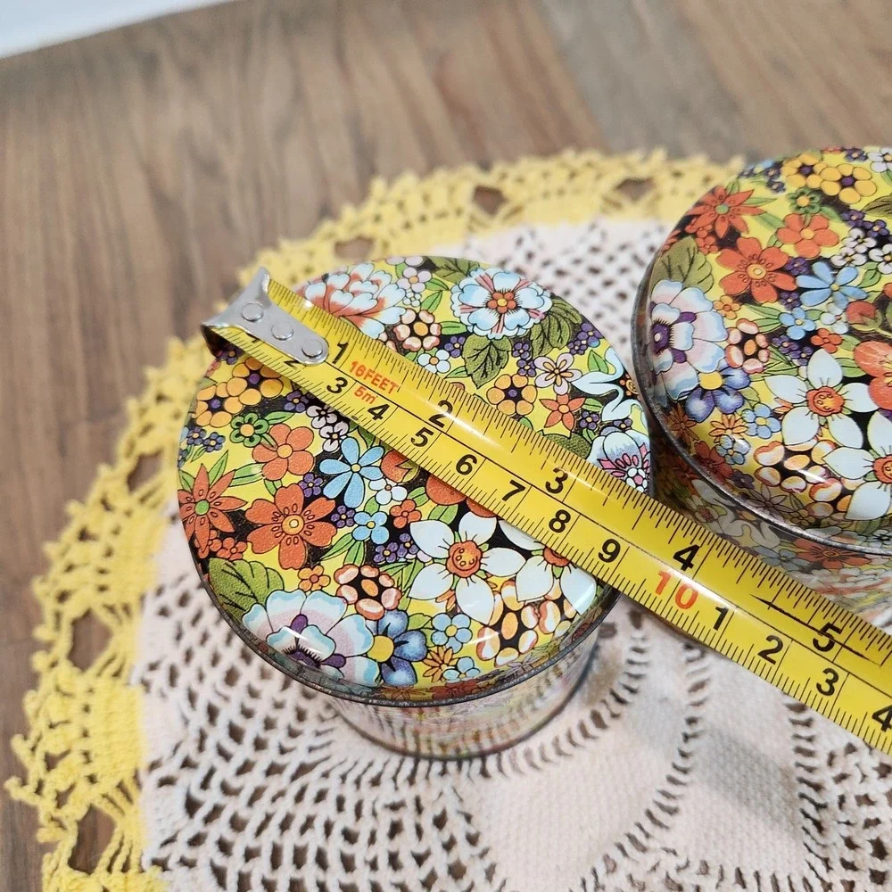 Vintage 70s Set Of 2 Floral Canister Hippie Retro Tins MCM Flower Power 4.5in